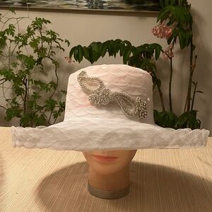 Elegant White Women's Hat with Silver Rhinestone Beaded Embellishment